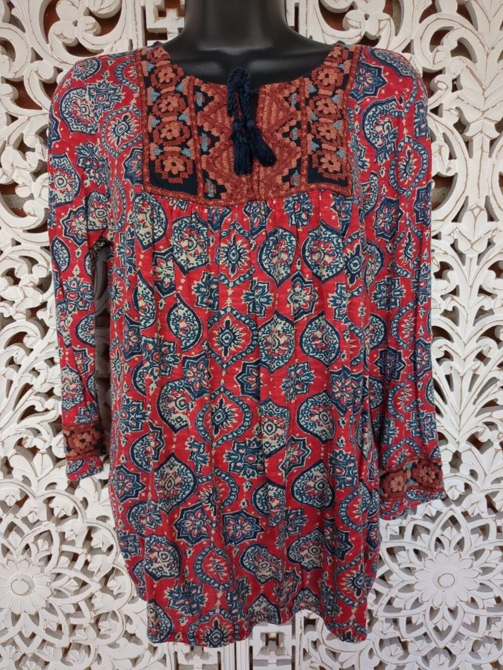 M Lucky Brand Boho Style Long Sleeve Embroidered Top - Picture 1 of 10